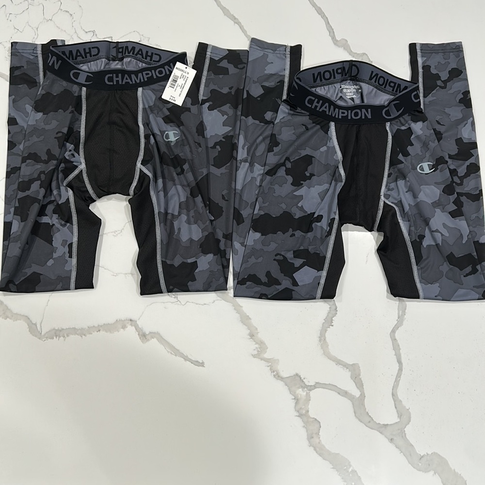 2 Men’s Champion gear tights, black and gray camo, size small